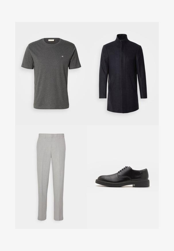 Isaac Dewhirst NEW COMFORT FUNNEL NECK COAT - Cappotto corto - navy; GANT PRINTED ARCHIVE SHIELD - T-shirt basic - antracit melange; Pantaloni grigi chiari con una texture liscia, frontale piatto e gambe dritte. Realizzati in tessuto traspirante, dotati di tasche interne e passanti per cintura.; Scarpa nera in pelle con lacci, punta tonda, texture liscia, cuciture minime e tacco in gomma basso. Logo sul tacco.