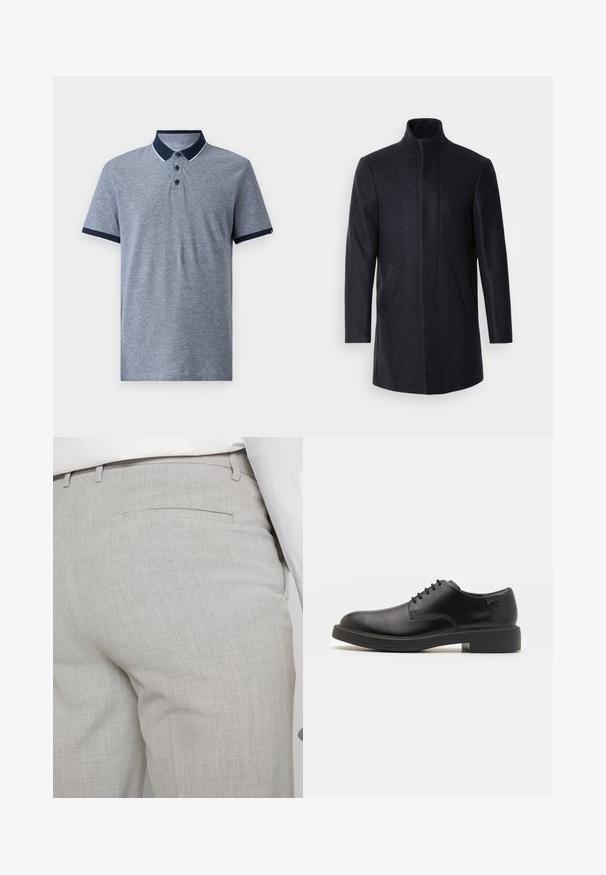 Isaac Dewhirst NEW COMFORT FUNNEL NECK COAT - Kort kappa / rock - navy; Grå kortärmad polo skjorta med marinblå krage och ärmslut. Har tre svarta knappar och en subtil melerat textur.; Ljusgrå skräddarsydda byxor av texturerat tyg med en enda bakficka och rena sömmar.; Svart läder snörsko med rund tå, slät yta, minimal söm och låg gummihäl. Logotyp på hälen.