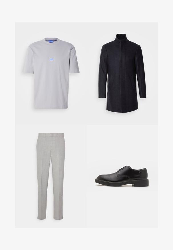 Isaac Dewhirst NEW COMFORT FUNNEL NECK COAT - Kort kåpe / frakk - navy; Lys grå bomulls t-skjorte med rund hals og korte ermer. Har en liten blå "HUGO"-logo på brystet. Glatt tekstur.; Lys grå bukser med en glat tekstur, flad front og lige ben. Fremstillet af åndbart stof og med indvendige lommer og bæltesløjfer.; Svart lær snøre sko med rund tå, glatt tekstur, minimal søm, og lav gummihæl. Logo på hælen.