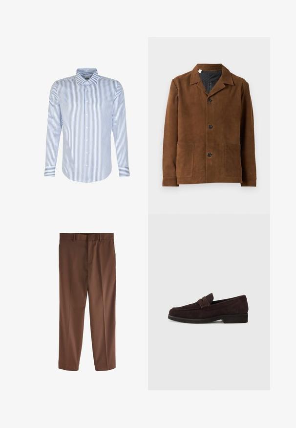 Veste en suede marron avec un col en pointe, trois boutons noirs, deux poches avant, et une doublure noire lisse.; Chemise pour homme à manches longues, rayures bleu clair et blanches, fermeture à boutons sur le devant, col classique, tissu en coton, texture lisse, ourlet arrondi.; Pantalon marron sur mesure avec une texture lisse, coupe droite, passants de ceinture et un pli avant unique. Pas de poches ou d'accents visibles.; Mocassins en daim marron avec une silhouette basse et un embout arrondi. Présentent une sangle décorative sur le dessus, une semelle en caoutchouc plate et sans couture visible.