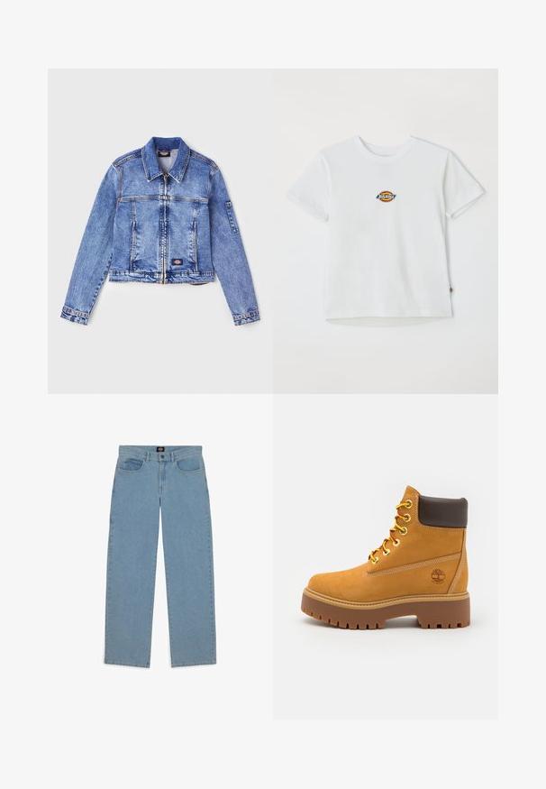 Casaco de ganga azul claro com colarinho, fecho de zíper, dois bolsos frontais e um patch com o logótipo. Apresenta mangas longas e detalhes de costura.; Camiseta branca de algodão com um logo redondo e acentos multicoloridos. Manga curta e decote redondo, com uma pequena etiqueta na barra.; Jeans azul claro, corte solto, tecido de denim, design de cinco bolsos, fecho de botão, pernas retas, costura visível, sem padrões ou acentos.; Bota ankle impermeável castanha com uma sola de borracha resistente, bico redondo, colarinho de couro castanho, atacadores amarelos e um logotipo na lateral.