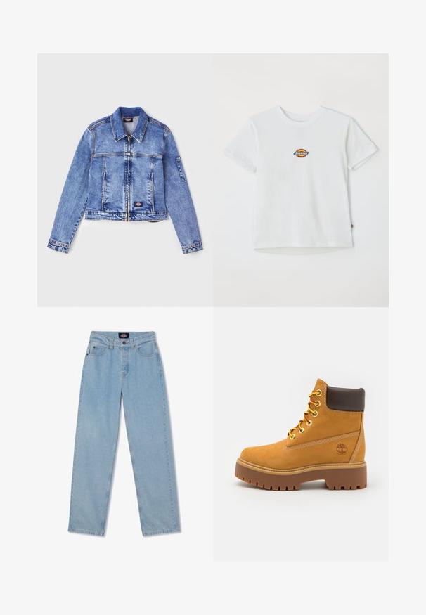 Lyseblå denimjakke med krage, glidelås lukking, to frontlommer og et logo merke. Har lange ermer og sømdetaljer.; Hvit bomull t-skjorte med et rundt logo med flerfargede detaljer. Korte ermer og rund hals, med et lite merke på kanten.; Lyseblå denimjeans med rett snitt, fem lommer, knappeåpning og subtile vaskemerkninger foran.; Tan vanntette ankelstøvler med en solid gummisåle, rund tå, brun lærkrage, gule snøresystemer og en logo på siden.