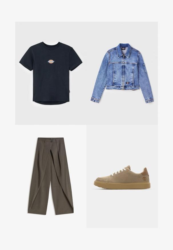 Svijetloplava traper jakna s ovratnikom, zatvaranjem na patentni zatvarač, dva prednja džepa i logotipom. Sadrži duge rukave i detalje šivanja.; Črna bombažna majica s kratkimi rokavi, okroglim ovratnikom in majhnim večbarvnim logotipom na prsih. Ravni rob z nekoliko daljšim hrbtom.; Široke hlače iz teksturiranega temno sive tkanine. Imajo sprednji zarezan, gumb za zapiranje in stranske žepe za praktičnost.; Bež nubuk superge z belimi vezalkami, gumijastim tanjšim podplatom in rjavim usnjenim okrasom na peti, ki vsebuje logotip na strani.