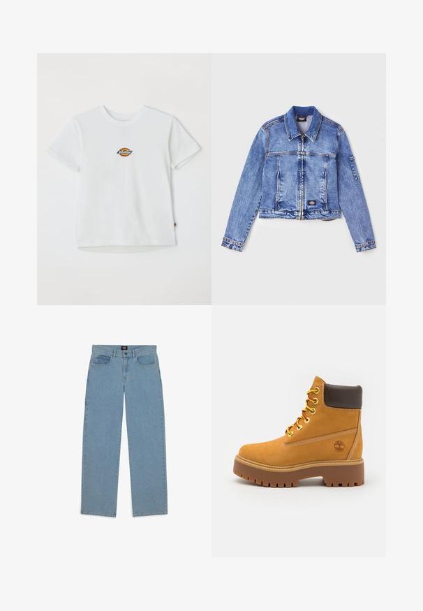 Gaiši zila denima jaka ar apkakli, rāvējslēdzēja aizdari, divām priekšējām kabatām un logotipa plāksteri. Iespējas garās piedurknes un šuvju detaļas.; Balta kokvilnas t-kreklu ar apaļu logo un daudzkrāsainām akcentiem. Īsas piedurknes un apaļais kakla izgriezums, ar mazu birku apakšmalā.; Gaiši zili džinsi, brīvi piegulošs, denima audums, piecu kabatu dizains, pogu aizdare, taisnas kājas, redzams šuvums, bez rakstiem vai akcentiem.; Caurspīdīgs ūdensizturīgs potīšu zābaks ar izturīgu gumijas zoli, apaļu pirkstu, brūnu ādas apkakli, dzeltenām saitēm un logo malā.