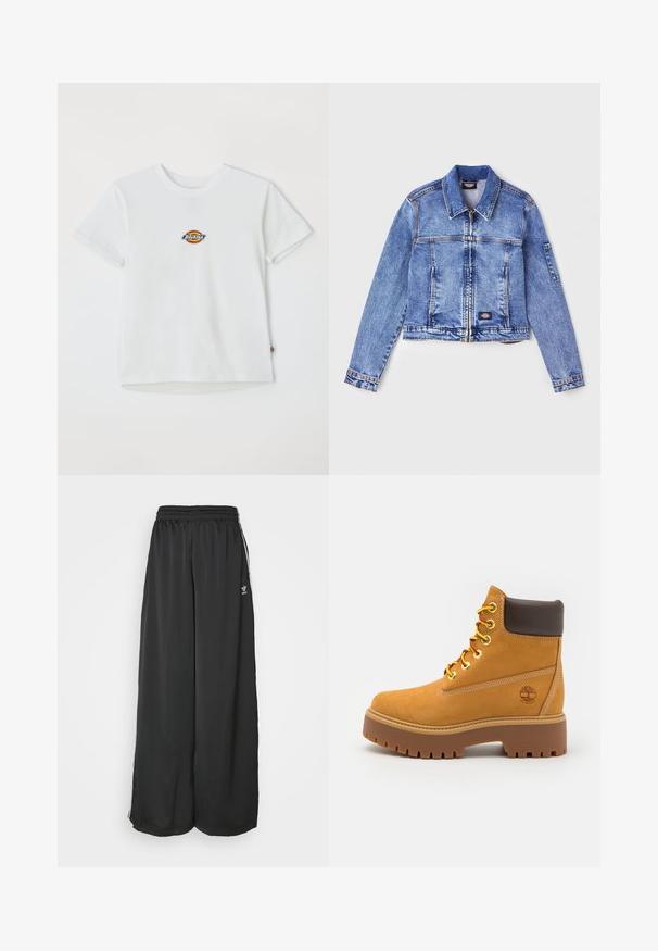 Light blue denim jacket with a collar, zip closure, two front pockets, and a logo patch. Features long sleeves and stitching details.; White cotton t-shirt featuring a round logo with multicolor accents. Short sleeves and a crew neckline, with a small tag at the hem.; Black loose-fitting track pants made of smooth fabric. Features an elastic waistband and side stripes with logo accents.; Tan waterproof ankle boot with a sturdy rubber sole, round toe, brown leather collar, yellow laces, and a logo on the side.