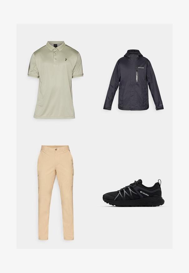 Musthave kerge vihmakeep kapuutsiga, lukustatav rinnatasku ja Columbia logo vasakul üleval. Sujuv ja vastupidav kangastekstuuri.; Peak Performance PLAYER - Polosärk - limit green/pine needle; Beige cargo püksid, millel on nööpkinnitus, kitsas lõige, küljetaskud ja sile puuvillane segakanga materjal. Ilma nähtavate mustrite või aksesuaarideta.; Musthave mustamine spordijalatsid tekstuurse siledast võrgust pealmise, peegeldavate elementidega, paksu kummist talla ja elastsete paeltega. Columbia logo on külgedel nähtav.