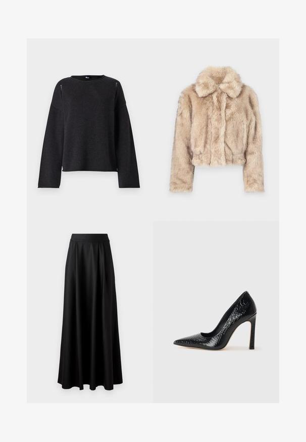 Zkrácená bunda z umělé kožešiny ve světle béžové barvě, s klopovým límcem a měkkou, nadýchanou texturou, dlouhými rukávy a přiléhavým lemem.; Černý pletený svetr s kulatým výstřihem, dlouhými rukávy a volným střihem. Má jemné detaily na švech ramen a na lemu.; Černý dlouhý rukáv rolák vyrobený z hladkého materiálu, s volánkovým límcem a přiléhavým střihem s jednoduchými okraji.; Černá sukně až na podlahu s hladkou strukturou, širokým pasem a sklady, bez viditelných vzorů nebo ozdob.; Černý lodičkový bot s špičatou špičkou, pokrytý texturou krokodýlí kůže, s elegantním designem, vysokým stiletto podpatkem a hladkým černým interiérem.