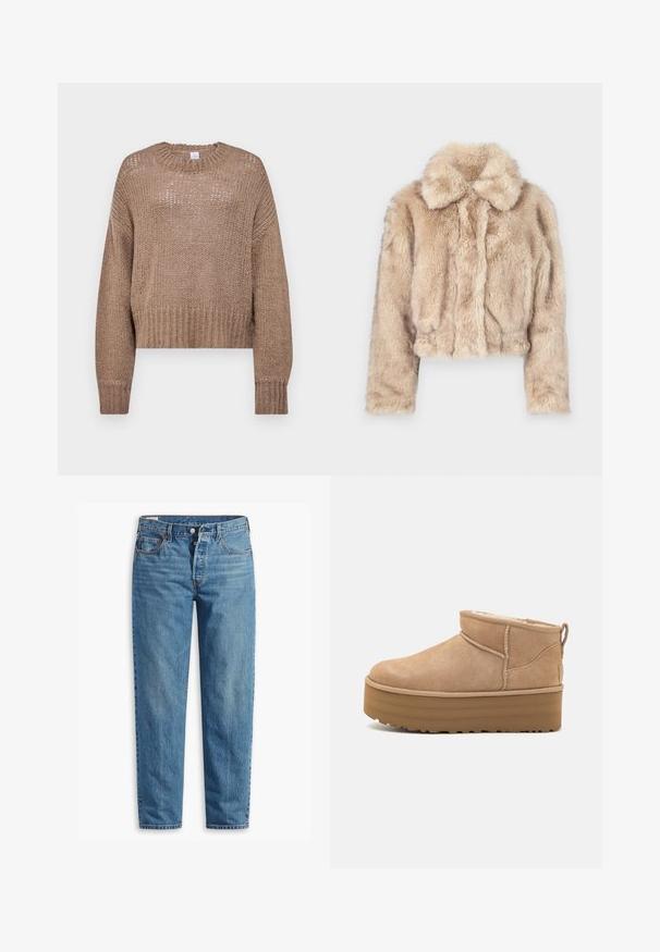 Gekürzter Kunstfellmantel in hellem Beige, mit einem Reverskragen und weicher, flauschiger Textur, langen Ärmeln und enganliegendem Saum.; Beige gestrickter Pullover mit lockerem, cropped Schnitt, rundem Ausschnitt und strukturiertem Design. Verfügt über lange Ärmel und gerippte Bündchen.; Blaue Jeans aus Denim mit geradem Schnitt, ausgestattet mit einem Reißverschluss, zwei vorderen Taschen und subtilen Verfärbungen im gesamten Stoff.; Beige Wildleder-Ankle Boots mit einem weichen Innenfutter, ausgestattet mit einer Plateausohle und einer Zuglasche hinten für einen einfachen Einstieg. Strukturiertes Gummiprofil.