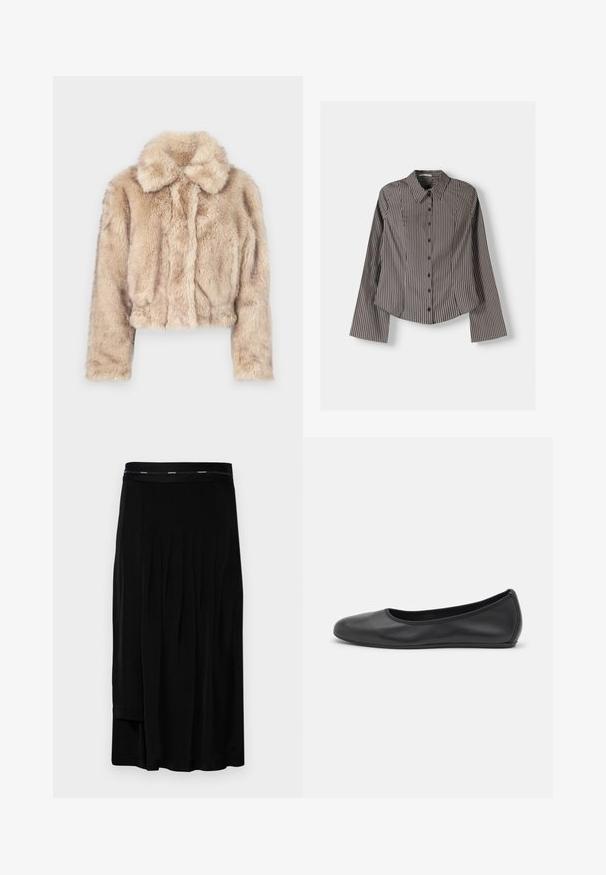 Klippe faux fur jakke i lys beige, med en skåret krave og blød, fluffy tekstur med lange ærmer og en tætsiddende kant.; Stribet skjorte i brun og hvid med lange ærmer, spids krave og buet kant. Struktureret stof med lodrette striber.; Sort midi nederdel med plisseringer, en glat tekstur og en bred talje med et diskret brandlogo. Enkel design og længde til gulvet.; Sort læderballetsko med rund tå, glat tekstur, minimal syning og et fleksibelt såldesign.