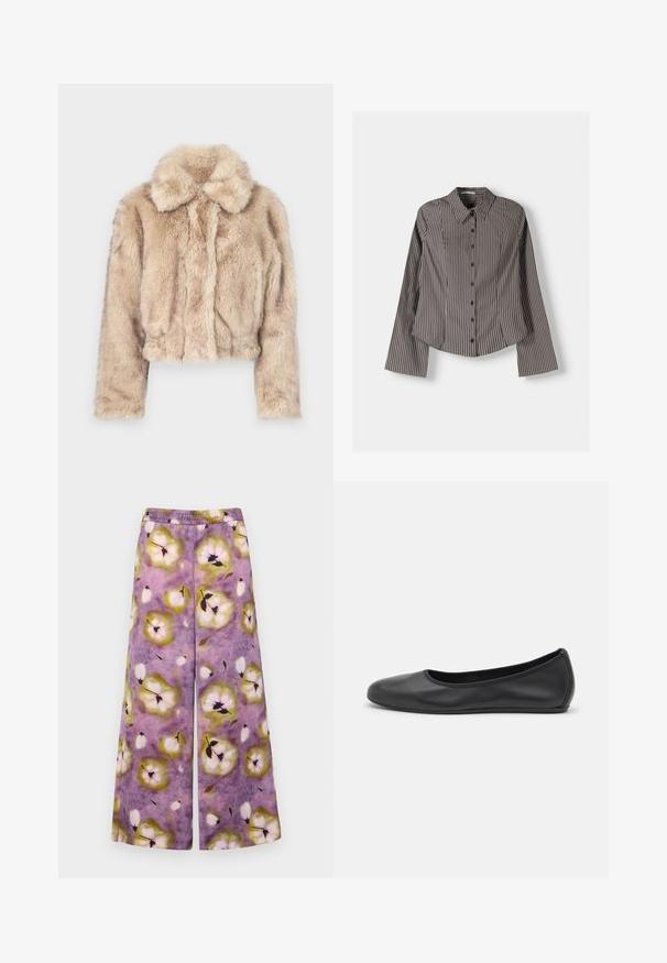 Krátka bunda z umelej kožušiny v svetlej béžovej farbe, s klopovým golierom a mäkkou, nadýchanou textúrou, dlhými rukávmi a priliehavým lemom.; Pruhovaná košeľa s gombíkmi v hnedej a bielej farbe, so zapínaním na dlhé rukávy, špicatým golierom a zakriveným spodným lemom. Textúrovaná tkanina s vertikálnymi pruhmi.; MAX&Co. ACRUX - Nohavice - lila; Čierne kožené baleríny s okrúhlou špičkou, hladkým povrchom, minimálnym prešívaním a flexibilným dizajnom podrážky.