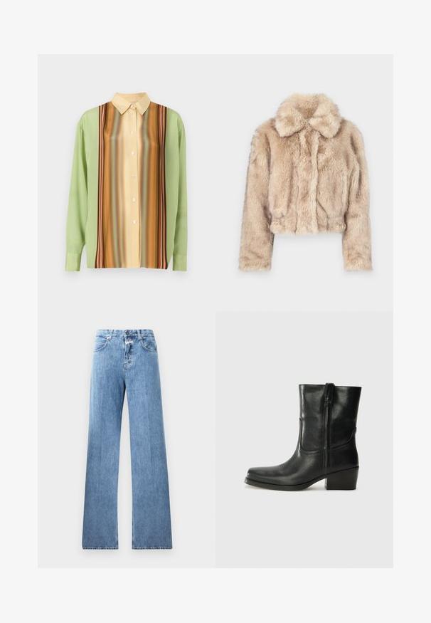 Jachetă scurtă din blană artificială, de culoare bej deschis, cu guler decupat și textură moale și pufoasă, cu mâneci lungi și tiv ajustat.; Cămașă cu mânecă lungă în verde deschis și galben cremos, prezentând un model de dungi verticale în nuanțe de maro, portocaliu și roșu; cinci nasturi pe față.; Tricou negru cu mânecă lungă și gât rotund, realizat dintr-un material texturat, având un tiv drept și accente cusute la guler și umeri.; Jeans din denim albastru deschis cu un design cu picioare largi, cinci buzunare, bucle pentru curea și închidere cu nasture. Tesătura are o textură netedă.; Botine din piele neagră, cu vârf rotund, toc pătrat, fermoar pe lateral și accente de cusături pe partea superioară. Textură netedă, design clasic.