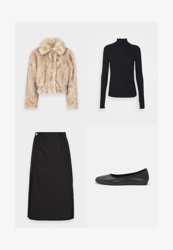 Korte nepbontjas in lichtbeige, met een notch-kraag en een zachte, pluizige textuur, lange mouwen en een aansluitende zoom.; Zwarte langärmelige turtleneck top van soepel stof, met een gerimpelde hals en een aansluitende silhouet met eenvoudige randen.; Zwarte knielange rok van een soepele stof, met een split aan de voorkant en een metalen knoopaccent op de tailleband.; Zwarte leren ballerina met een ronde neus, gladde textuur, minimale stikdetails en een flexibele zoolontwerp.