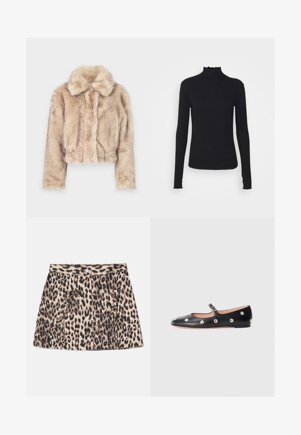 Gekürzter Kunstfellmantel in hellem Beige, mit einem Reverskragen und weicher, flauschiger Textur, langen Ärmeln und enganliegendem Saum.; Schwarz, langärmliges Turtleneck-Oberteil aus glattem Material, mit einem gerafften Kragen und einer enganliegenden Silhouette mit einfachen Kanten.; Jeansrock mit Leopardenmuster, hoher Taille, Frontknopfverschluss und zwei Seitentaschen mit Kordelzugdetails.; Schwarze Leder-Mary-Jane-Ballenflats mit runder Zehenform, ausgestattet mit silbernen runden Nieten und einem verstellbaren Riemen mit Schnalle.