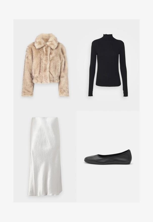 Lühike vale karusnahast jakki heledas beežis, millel on sakilise kaeluse ja pehme, karvane tekstuur, pikkade varrukate ja kitsaste servadega.; Must kannus varrukatega turtleneck, mis on valmistatud siledast kangast, koos rippuvate kraede ja liibuva siluetiga, millel on lihtsad servad.; Valge satiinist midi-seelik, millel on peen krepptekstuur, veidi laienev disain ja sile viimistlus, peidetud vööosaga.; Musthave mustika tantsutossud mustast nahast, ümmarguse varbaga, siledast tekstuurist, minimaalse õmblusdetailiga ja paindliku tallakujundusega.