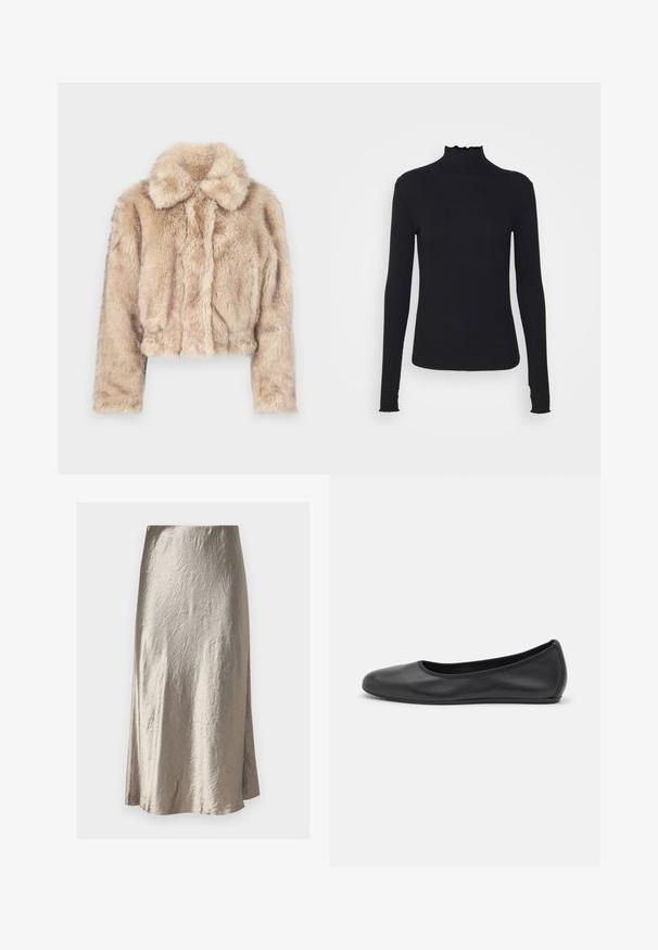 Cropped faux fur jacket in light beige, featuring a notched collar and soft, fluffy texture with long sleeves and a fitted hem.; Black long-sleeve turtleneck top made of smooth fabric, featuring a ruffled neck and fitted silhouette with simple edges.; Max Mara Leisure ALESSIO - A-line skirt - tortora; Black leather ballet flat with a rounded toe, smooth texture, minimal stitching detail, and a flexible sole design.