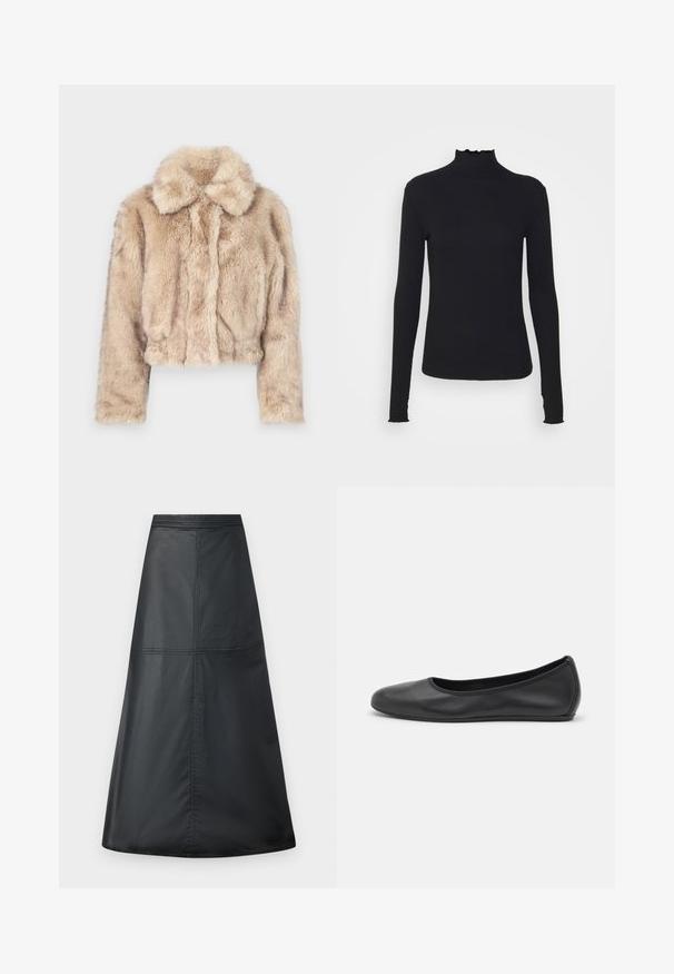 Šviesiai bežinė trumpa dirbtinio kailio striukė, su įpjovimu ant apykaklės, minkšta, pūkuota tekstūra, ilgomis rankovėmis ir aptemptu apvadu.; Juodas ilgomis rankovėmis turtleneko tipo viršus, pagamintas iš lygaus audinio, su raukšlėtu kaklu ir prigludusia siluetu, turinčiu paprastus kraštus.; Juodas A formos sijonas, pagamintas iš lygaus, lengvo audinio. Yra plokščias juosmuo ir siuvinėjimo panelių dizainas. Grindų ilgio.; Juodai odiniai baletai su apvaliu pirštu, lygi texture, minimalus siuvimo detales ir lanksčiu padų dizainu.