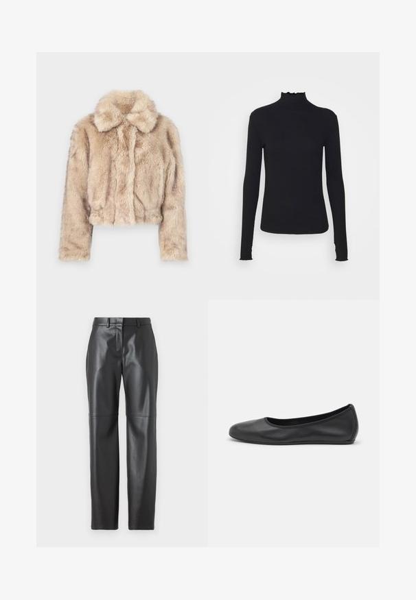 Gekürzter Kunstfellmantel in hellem Beige, mit einem Reverskragen und weicher, flauschiger Textur, langen Ärmeln und enganliegendem Saum.; Schwarz, langärmliges Turtleneck-Oberteil aus glattem Material, mit einem gerafften Kragen und einer enganliegenden Silhouette mit einfachen Kanten.; Schwarze Kunstlederhosen mit geradem Schnitt, ausgestattet mit einem Frontreißverschluss, Gürtelschlaufen und Stichdetails an den Beinen.; Schwarze Leder-Ballettschuhe mit abgerundeter Spitze, glatter Textur, minimalen Nähdetails und einem flexiblen Sohlen-Design.