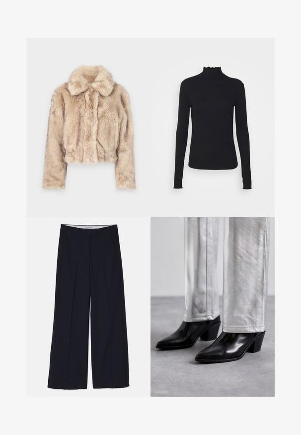 Izgriezta mākslīgā kažokādas jaka gaiši beidzē, ar iegriezumu apkakli un mīkstu, pūkainu tekstūru, ar garām piedurknēm un pieguļošu apakšmalu.; Melnas garām piedurknēm turtleneck blūze, izgatavota no gludas auduma, ar krokotu apkakli un pieguļošu siluetu, kas ir ar vienkāršām malām.; Jūras spēku platās kājas bikses no gludas, vieglas auduma. Iespējas iekļauj priekšējās kabatas un pielāgota jostasvieta ar tīru dizainu.; Melni ādas potīšu zābaki ar norādītu pirkstu un kvadrātveida papēdi, apvienoti ar spīdīgām sudraba biksēm, izceļot elegantas faktūras un kontrastējošas krāsas.