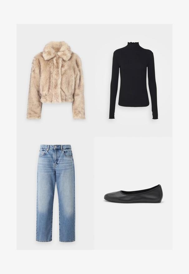 Skraćena jakna od umjetnog krzna u svijetlo bež boji, s prugastim ovratnikom i mekom, pahuljastom teksturom, dugim rukavima i uskim rubom.; Crni dugi rukav turtleneck majica izrađena od glatkog materijala, s volanima oko vrata i uskim siluetom s jednostavnim rubovima.; Svijetloplave traperice s visokim strukom, širokim nogavicama, vidljivim šavovima i dizajnom s pet džepova, praćene klasičnom kopčom na dugme i patentnim zatvaračem.; Crne kožne baletanke s zaobljenim vrhom, glatke teksture, minimalnim detaljima šavova i fleksibilnim dizajnom potplata.