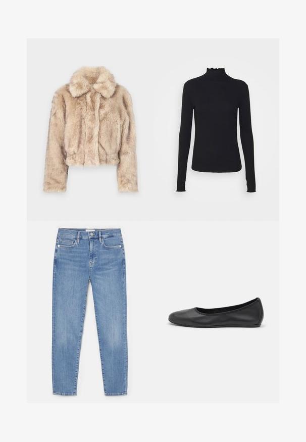Cropped faux fur jacket in light beige, featuring a notched collar and soft, fluffy texture with long sleeves and a fitted hem.; Black long-sleeve turtleneck top made of smooth fabric, featuring a ruffled neck and fitted silhouette with simple edges.; Light blue denim jeans with a fitted design, five pockets, a front button closure, and visible stitching along the seams.; Black leather ballet flat with a rounded toe, smooth texture, minimal stitching detail, and a flexible sole design.