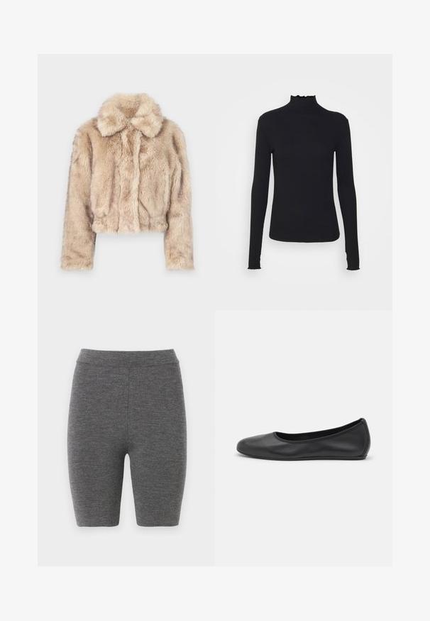 Korte nepbontjas in lichtbeige, met een notch-kraag en een zachte, pluizige textuur, lange mouwen en een aansluitende zoom.; Zwarte langärmelige turtleneck top van soepel stof, met een gerimpelde hals en een aansluitende silhouet met eenvoudige randen.; Grijze gebreide fietsbroek met een aansluitend ontwerp en een gladde textuur, met een hoge tailleband en een lengte tot halverwege de bovenbeen.; Zwarte leren ballerina met een ronde neus, gladde textuur, minimale stikdetails en een flexibele zoolontwerp.