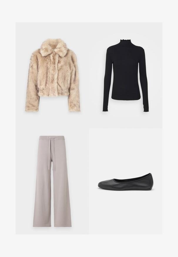 Rövidített műszőrme dzseki világos bézs színben, bemetszett gallérral, puha, bolyhos textúrával, hosszú ujjak és szűkített alsó rész.; Fekete, hosszú ujjú, garbós felső sima anyagból, fodros gallérral és illeszkedő sziluettel, egyszerű élekkel.; Világosszürke, bő szárú melegítőnadrág puha anyagból. Jellemzője a bordázott derékpánt kötőzsinórral, és szolid varrás az alján.; Fekete bőr balettcipő lekerekített orral, sima tekstúrával, minimális varrással és rugalmas talp kialakítással.