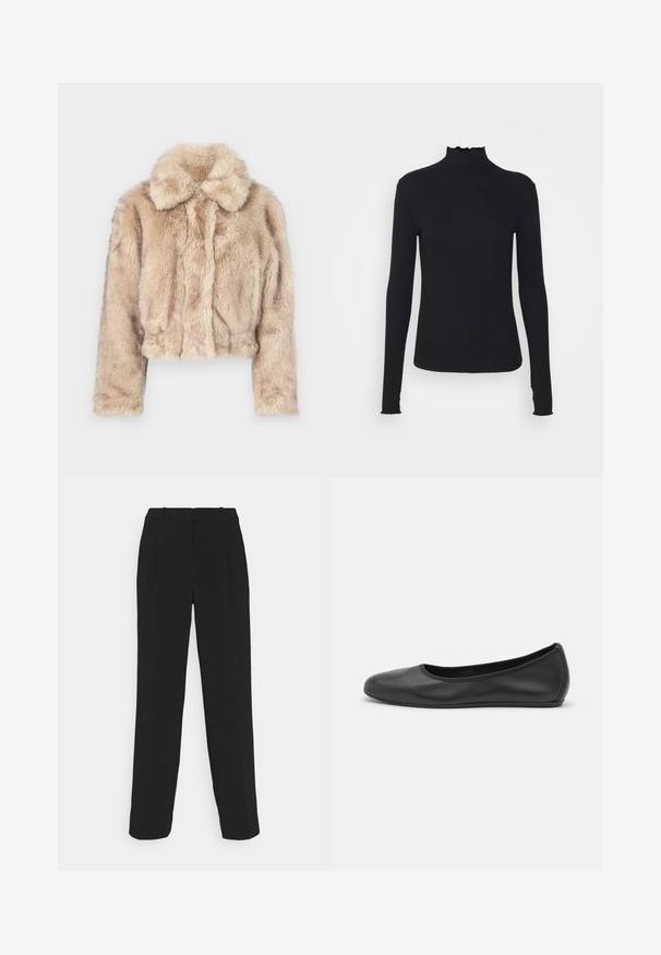 Lühike vale karusnahast jakki heledas beežis, millel on sakilise kaeluse ja pehme, karvane tekstuur, pikkade varrukate ja kitsaste servadega.; Must kannus varrukatega turtleneck, mis on valmistatud siledast kangast, koos rippuvate kraede ja liibuva siluetiga, millel on lihtsad servad.; Mustad kohandatud püksid otse lõikega, kõrge vöökoha, kortsude ja sileda tekstuuriga.; Musthave mustika tantsutossud mustast nahast, ümmarguse varbaga, siledast tekstuurist, minimaalse õmblusdetailiga ja paindliku tallakujundusega.
