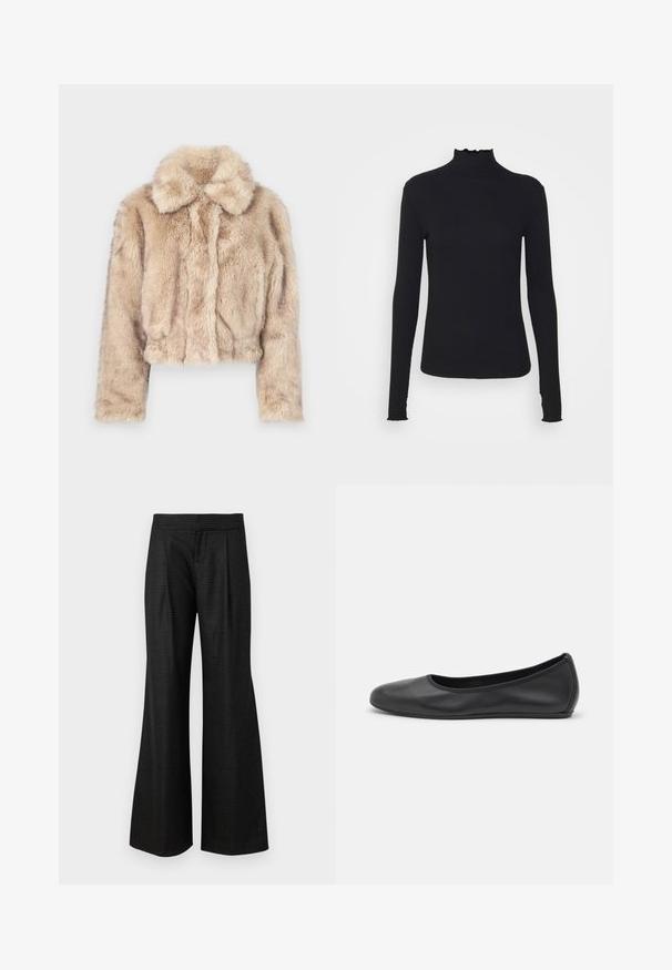Chaqueta corta de pelo sintético en color beige claro, con cuello de muesca y textura suave y esponjosa, mangas largas y dobladillo ajustado.; Top negro de manga larga con cuello alto, hecho de tejido suave, que presenta un cuello con volantes y una silueta ajustada con bordes simples.; Alice + Olivia Pantalones - charcoal grey; Bailarina de piel negra con punta redondeada, textura suave, detalle de costura minimalista y diseño de suela flexible.