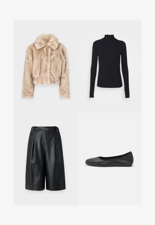 Šviesiai bežinė trumpa dirbtinio kailio striukė, su įpjovimu ant apykaklės, minkšta, pūkuota tekstūra, ilgomis rankovėmis ir aptemptu apvadu.; Juodas ilgomis rankovėmis turtleneko tipo viršus, pagamintas iš lygaus audinio, su raukšlėtu kaklu ir prigludusia siluetu, turinčiu paprastus kraštus.; Max Mara Leisure ORTLES - Šortai - nero; Juodai odiniai baletai su apvaliu pirštu, lygi texture, minimalus siuvimo detales ir lanksčiu padų dizainu.