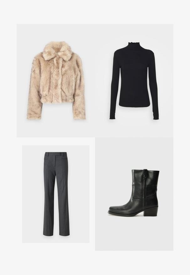 Klippe faux fur jakke i lys beige, med en skåret krave og blød, fluffy tekstur med lange ærmer og en tætsiddende kant.; Sort langærmet turtleneck top lavet af glat stof, med en rynket krave og tætsiddende silhuet med enkle kanter.; Grå skræddersyede bukser, lige snit, lavet af et glat stof. Har to forlommer og flad frontdesign.; Sort læder ankelstøvle med rundt tå, blokhæl, lynlås i siden og stikninger på vampsiden. Glat tekstur, klassisk design.