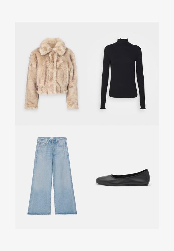 Casaco curto de pelo sintético em bege claro, com gola dentada e textura suave e fofinha, mangas longas e um acabamento ajustado.; Top preto de manga longa com gola alta, feito de um tecido suave, apresentando uma gola fruncida e uma silhueta ajustada com bordas simples.; Citizens of Humanity PALOMA - Calças de ganga à boca de sino - beverly slouch; Bailarina preta em pele com bico arredondado, textura suave, detalhe de costura minimalista e design de sola flexível.