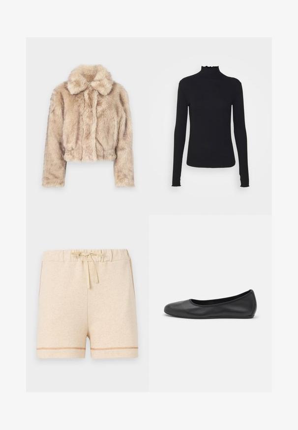 Krótkie sztuczne futro w jasnym beżu, z wyciętym kołnierzem, miękką, puszystą fakturą, długimi rękawami i dopasowanym dołem.; Czarny, długi rękaw, golf z gładkiego materiału, z falbaniastym kołnierzem i dopasowanym krojem z prostymi brzegami.; Beżowe szorty bawełniane z elastycznym paskiem i sznurkiem do regulacji. Posiadają kontrastowe przeszycia wzdłuż dołu i boków.; Czarne skórzane baletki z zaokrąglonym noskiem, gładką fakturą, minimalnymi przeszyciami i elastycznym designem podeszwy.