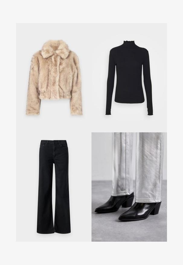 Giacca corta in pelliccia sintetica di colore beige chiaro, con colletto a punte e una consistenza morbida e pelosa, maniche lunghe e orlo aderente.; Maglione nero a maniche lunghe con colletto a dolcevita realizzato in tessuto morbido, caratterizzato da un collo arricciato e una silhouette aderente con bordi semplici.; Jeans a gamba larga neri in denim. Presentano un classico design a cinque tasche, zip frontale e dettagli di cucitura sottili. Texture liscia.; Stivali neri in pelle fino alla caviglia con punta affilata e tacco a blocco, abbinati a pantaloni argentati lucidi, che mostrano texture eleganti e colori a contrasto.