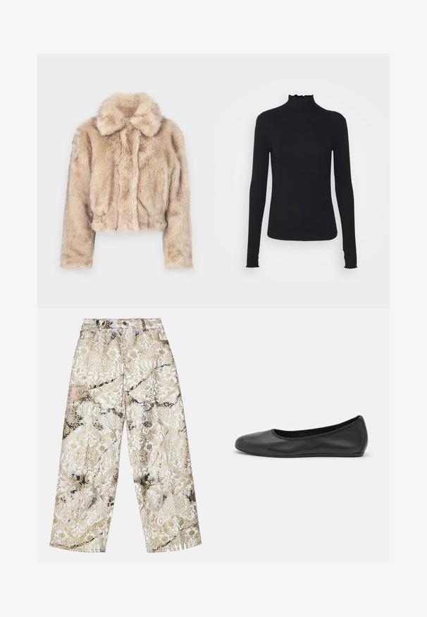 Cropped faux fur jacket in light beige, featuring a notched collar and soft, fluffy texture with long sleeves and a fitted hem.; Black long-sleeve turtleneck top made of smooth fabric, featuring a ruffled neck and fitted silhouette with simple edges.; Wide-leg pants made of a textured fabric featuring a gold and black damask pattern on a white background, with a high-waisted design.; Black leather ballet flat with a rounded toe, smooth texture, minimal stitching detail, and a flexible sole design.