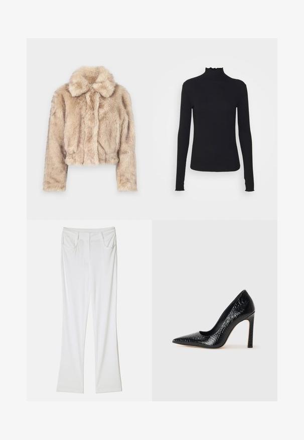 Zkrácená bunda z umělé kožešiny ve světle béžové barvě, s klopovým límcem a měkkou, nadýchanou texturou, dlouhými rukávy a přiléhavým lemem.; Černý dlouhý rukáv rolák vyrobený z hladkého materiálu, s volánkovým límcem a přiléhavým střihem s jednoduchými okraji.; Bílé rozšířené kalhoty s hladkým textilním povrchem, s dvěma předními kapsami a prošitým pasem pro přiléhavý vzhled.; Černý lodičkový bot s špičatou špičkou, pokrytý texturou krokodýlí kůže, s elegantním designem, vysokým stiletto podpatkem a hladkým černým interiérem.