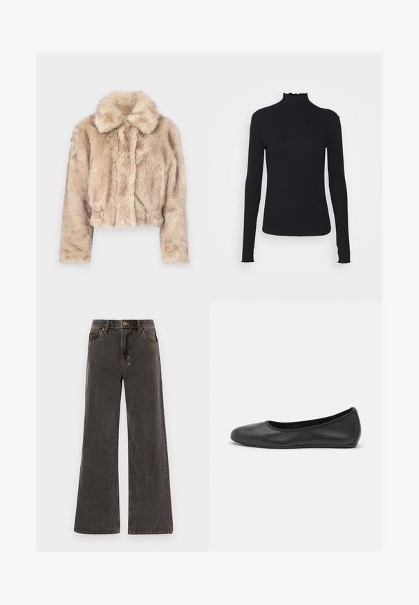 Jachetă scurtă din blană artificială, de culoare bej deschis, cu guler decupat și textură moale și pufoasă, cu mâneci lungi și tiv ajustat.; Top negru cu mânecă lungă și guler înalt, realizat dintr-un material neted, având un guler cu volane și o siluetă ajustată cu margini simple.; Jeans cu picioare largi din denim gri închis. Au un talie înaltă, cinci buzunare și cusături aurii contrastante. Uzura subtilă oferă un aspect texturat.; Balerini din piele neagră, cu vârf rotund, textură netedă, detalii de cusătură minimale și un design al tălpii flexibil.