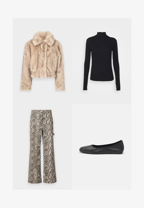Krótkie sztuczne futro w jasnym beżu, z wyciętym kołnierzem, miękką, puszystą fakturą, długimi rękawami i dopasowanym dołem.; Czarny, długi rękaw, golf z gładkiego materiału, z falbaniastym kołnierzem i dopasowanym krojem z prostymi brzegami.; Spodnie o szerokich nogawkach w wzór przypominający wężową skórę, w odcieniach beżu i czerni, o gładkiej fakturze i standardowym pasie.; Czarne skórzane baletki z zaokrąglonym noskiem, gładką fakturą, minimalnymi przeszyciami i elastycznym designem podeszwy.
