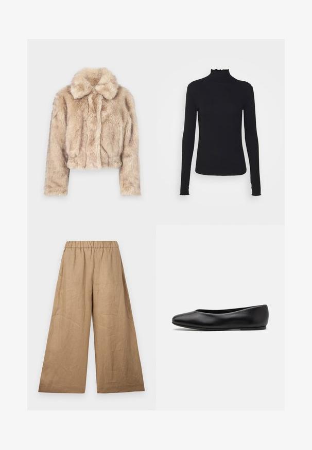 Gekürzter Kunstfellmantel in hellem Beige, mit einem Reverskragen und weicher, flauschiger Textur, langen Ärmeln und enganliegendem Saum.; Schwarz, langärmliges Turtleneck-Oberteil aus glattem Material, mit einem gerafften Kragen und einer enganliegenden Silhouette mit einfachen Kanten.; Leinen-Hose mit weitem Bein in einem hellbraunen Farbton, ausgestattet mit einem gerafften elastischen Bund und einer glatten, strukturierten Oberfläche.; Paul Smith TOPANGA - Klassischer Ballerina - black