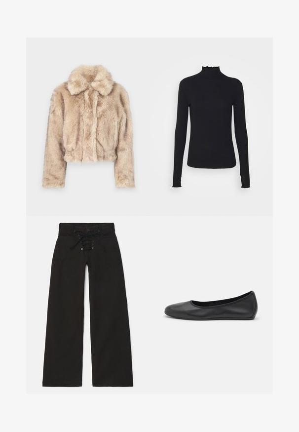 Lühike vale karusnahast jakki heledas beežis, millel on sakilise kaeluse ja pehme, karvane tekstuur, pikkade varrukate ja kitsaste servadega.; Must kannus varrukatega turtleneck, mis on valmistatud siledast kangast, koos rippuvate kraede ja liibuva siluetiga, millel on lihtsad servad.; Mustad laiad püksid kõrge vöökohaga, lipsu ees sulgemise ja nupuga. Valmistatud denimist, millel on sile tekstuur.; Musthave mustika tantsutossud mustast nahast, ümmarguse varbaga, siledast tekstuurist, minimaalse õmblusdetailiga ja paindliku tallakujundusega.