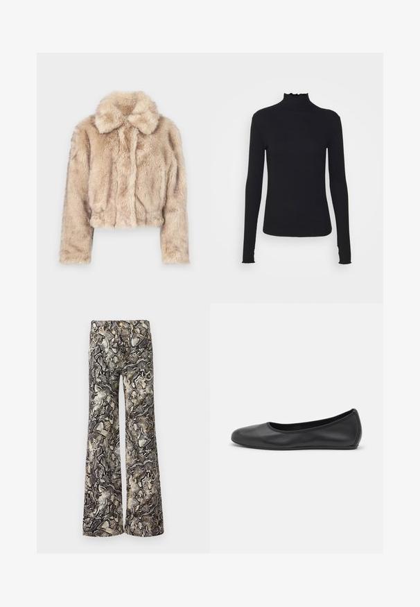 Chaqueta corta de pelo sintético en color beige claro, con cuello de muesca y textura suave y esponjosa, mangas largas y dobladillo ajustado.; Top negro de manga larga con cuello alto, hecho de tejido suave, que presenta un cuello con volantes y una silueta ajustada con bordes simples.; Pantalones acampanados con un patrón de impresión de serpiente texturizado, que presenta tonos de gris, negro y beige con acentos metálicos y cierre de botón estándar.; Bailarina de piel negra con punta redondeada, textura suave, detalle de costura minimalista y diseño de suela flexible.