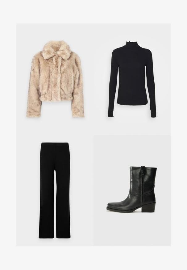 Izgriezta mākslīgā kažokādas jaka gaiši beidzē, ar iegriezumu apkakli un mīkstu, pūkainu tekstūru, ar garām piedurknēm un pieguļošu apakšmalu.; Melnas garām piedurknēm turtleneck blūze, izgatavota no gludas auduma, ar krokotu apkakli un pieguļošu siluetu, kas ir ar vienkāršām malām.; Melnas platās bikses ar gludu tekstūru un elastīgu jostasvietu, ar ribotu dizainu. Vienkāršs un daudzveidīgs griezums.; Melna ādas potīte ar noapaļotu purngalu, bloku papēdi, sānu rāvējslēdzēju un šuvju akcentiem uz virsmas. Gluda tekstūra, klasiskā dizaina.