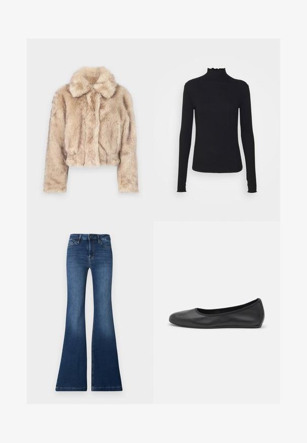 Šviesiai bežinė trumpa dirbtinio kailio striukė, su įpjovimu ant apykaklės, minkšta, pūkuota tekstūra, ilgomis rankovėmis ir aptemptu apvadu.; Juodas ilgomis rankovėmis turtleneko tipo viršus, pagamintas iš lygaus audinio, su raukšlėtu kaklu ir prigludusia siluetu, turinčiu paprastus kraštus.; AG Jeans TROPEA - Platėjantys džinsai - dark blue; Juodai odiniai baletai su apvaliu pirštu, lygi texture, minimalus siuvimo detales ir lanksčiu padų dizainu.