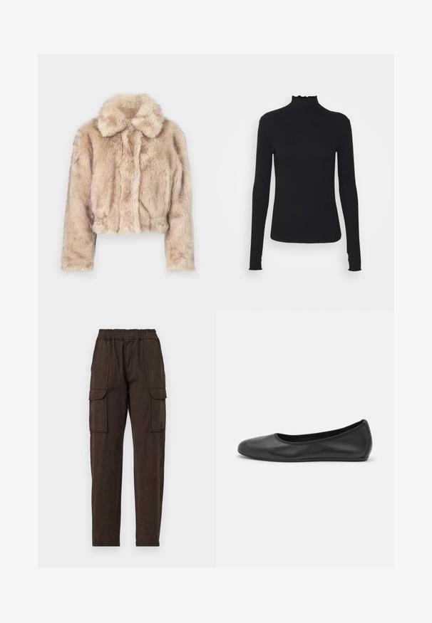 Zkrácená bunda z umělé kožešiny ve světle béžové barvě, s klopovým límcem a měkkou, nadýchanou texturou, dlouhými rukávy a přiléhavým lemem.; Černý dlouhý rukáv rolák vyrobený z hladkého materiálu, s volánkovým límcem a přiléhavým střihem s jednoduchými okraji.; Hnědé cargo kalhoty s elastickým pasem, dvěma velkými předními kapsami a tapered (zúženým) střihem. Vyrobené z lehké látky s matnou texturou.; Černé kožené baletní byty s kulatou špičkou, hladkou texturou, minimálními švy a flexibilním designem podrážky.