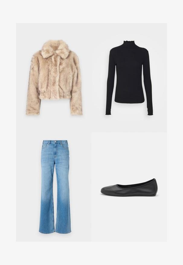 Cropped faux fur jacket in light beige, featuring a notched collar and soft, fluffy texture with long sleeves and a fitted hem.; Black long-sleeve turtleneck top made of smooth fabric, featuring a ruffled neck and fitted silhouette with simple edges.; Light blue denim wide-leg jeans with a high waist, featuring stitched detailing and a button closure. Smooth texture and slight fade.; Black leather ballet flat with a rounded toe, smooth texture, minimal stitching detail, and a flexible sole design.
