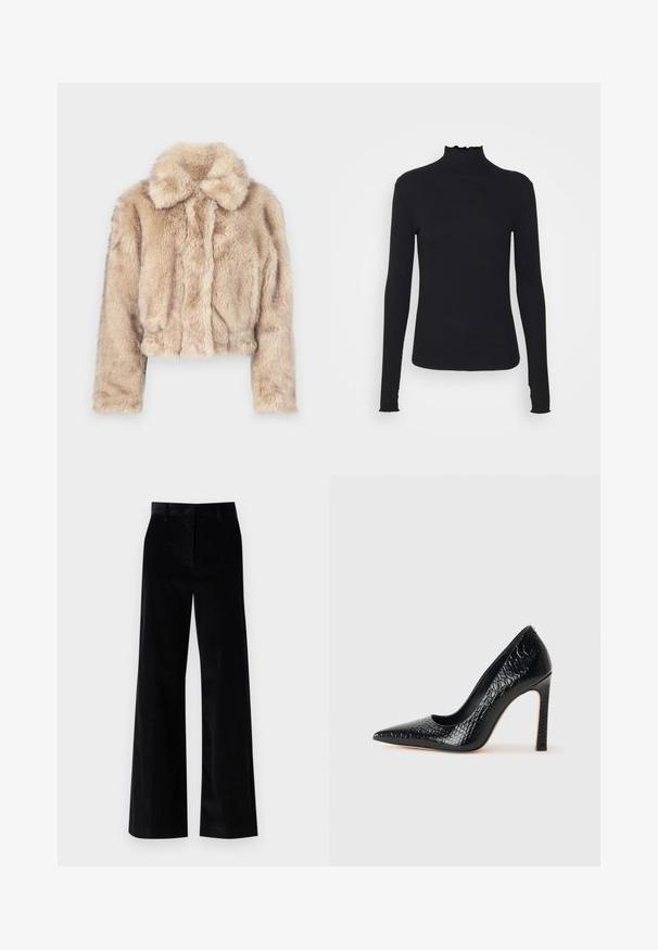 Izgriezta mākslīgā kažokādas jaka gaiši beidzē, ar iegriezumu apkakli un mīkstu, pūkainu tekstūru, ar garām piedurknēm un pieguļošu apakšmalu.; Melnas garām piedurknēm turtleneck blūze, izgatavota no gludas auduma, ar krokotu apkakli un pieguļošu siluetu, kas ir ar vienkāršām malām.; WEEKEND MaxMara TANIA - Auduma bikses - nero; Melni augstpapēžu apavi ar norādītu purngalu, ar krokodila ādas tekstūru, izceļoties ar elegantu dizainu, augstu stiletto papēdi un gludu melnu interjeru.