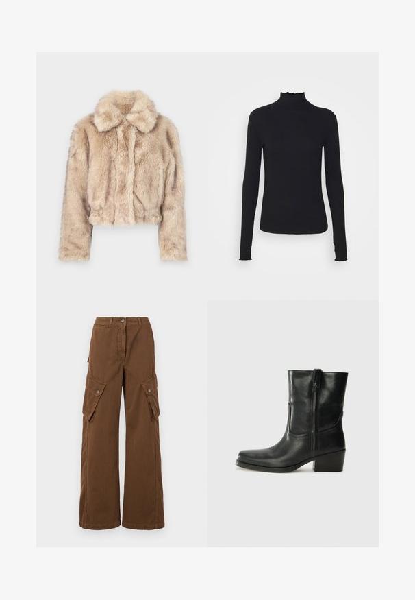 Korte nepbontjas in lichtbeige, met een notch-kraag en een zachte, pluizige textuur, lange mouwen en een aansluitende zoom.; Zwarte langärmelige turtleneck top van soepel stof, met een gerimpelde hals en een aansluitende silhouet met eenvoudige randen.; Weekend Max Mara LUCY HALE ELVY - Cargobroek - marrone; Zwarte leren enkellaars met een ronde neus, blokhak, zijrits en stikselaccenten op de wreef. Gladde textuur, klassiek ontwerp.