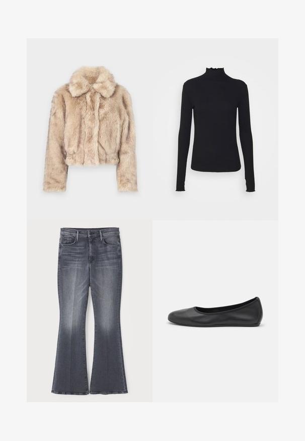 Krótkie sztuczne futro w jasnym beżu, z wyciętym kołnierzem, miękką, puszystą fakturą, długimi rękawami i dopasowanym dołem.; Czarny, długi rękaw, golf z gładkiego materiału, z falbaniastym kołnierzem i dopasowanym krojem z prostymi brzegami.; Znamiona ciemnoszare dżinsy z rozszerzonym dołem, w talii o średniej wysokości, z klasycznym pięciopocketowym wzorem oraz subtelnym zmiękczeniem na przodzie.; Czarne skórzane baletki z zaokrąglonym noskiem, gładką fakturą, minimalnymi przeszyciami i elastycznym designem podeszwy.