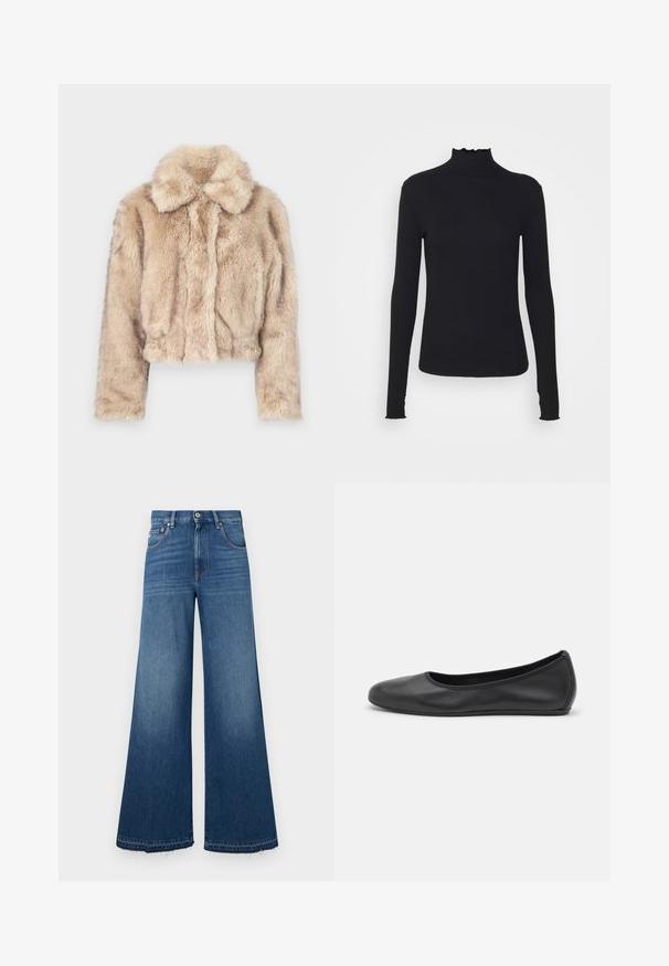 Kratka umetna krzna jakna v svetlo bež barvi, z izrezanim ovratnikom in mehko, puhasto teksturo, dolgimi rokavi in prilegajočim se robom.; Črn dolg rokav turtleneck zgornji del iz gladkega materiala, ki se ponaša z nabranim ovratnikom in prilegajočim silhueto s preprostimi robovi.; Široke kavbojke v temno modri barvi, ki imajo visok pas, pet žepov in strgan rob, kar zagotavlja sproščen fit in pristen videz.; Črne usnjene balerinke z zaobljenim nosom, gladko teksturo, minimalnimi šivi in fleksibilno zasnovo podplata.