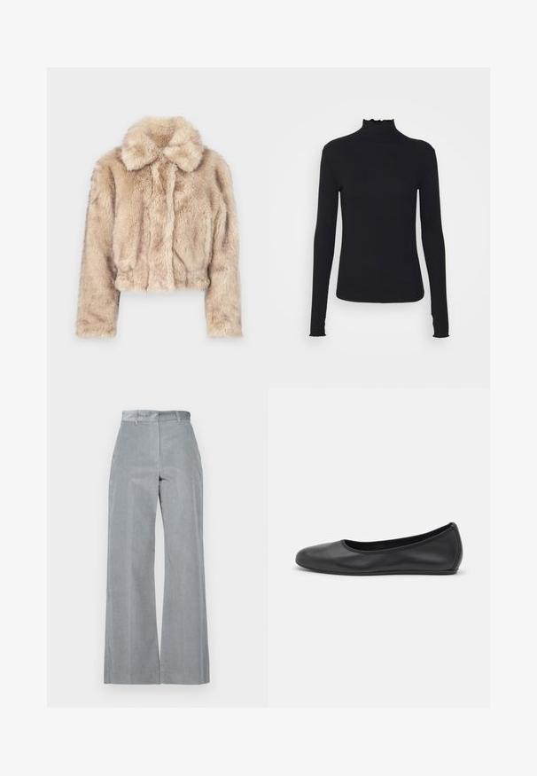 Korte nepbontjas in lichtbeige, met een notch-kraag en een zachte, pluizige textuur, lange mouwen en een aansluitende zoom.; Zwarte langärmelige turtleneck top van soepel stof, met een gerimpelde hals en een aansluitende silhouet met eenvoudige randen.; WEEKEND MaxMara TANIA - Broek - cielo; Zwarte leren ballerina met een ronde neus, gladde textuur, minimale stikdetails en een flexibele zoolontwerp.