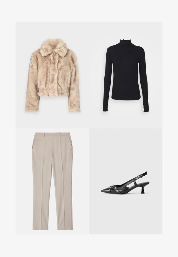 Lühike vale karusnahast jakki heledas beežis, millel on sakilise kaeluse ja pehme, karvane tekstuur, pikkade varrukate ja kitsaste servadega.; Must kannus varrukatega turtleneck, mis on valmistatud siledast kangast, koos rippuvate kraede ja liibuva siluetiga, millel on lihtsad servad.; Filippa K EMMA TROUSERS - Püksid - desert tau; Must must have must toote tõmblukuga, dekoratiivsed rihmad metallist silmadega ja madal blokk-kand. Tekstureeritud pind.